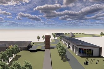 Baustart für Feuerwehrzentrum in Eich - So soll das Kompetenzzentrum eines Tages aussehen: Links das Feuerwehrtechnische Zentrum, in der Mitte der Übungsturm, rechts die Ausbildungsstätte, dahinter das Katastrophenschutzlager.