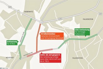 Baustart für neue Straße bei Falkenstein: Was kommt auf Anwohner und Autofahrer zu? - Der Kreisverkehr in Siebenhitz bekommt 2024 eine neue Anbindung. In den nächsten Monaten wird hier eine Verbindungsstraße nach Neustadt an die Staatsstraße 303 gebaut. Dafür ist eine Vollsperrung ab der Jahresmitte erforderlich.