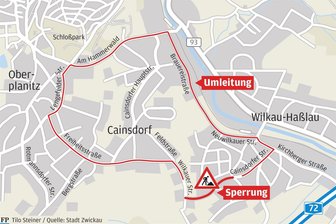 Baustelle in Wilkau-Haßlau: Wegen 80 Meter Stützwand sind fünf Kilometer Umleitung angesagt - An der Cainsdorfer Straße in Wilkau-Haßlau muss eine Stützwand neu gebaut werden. Das zieht eine Sperrung der Straße samt einer größeren Umleitung nach sich.