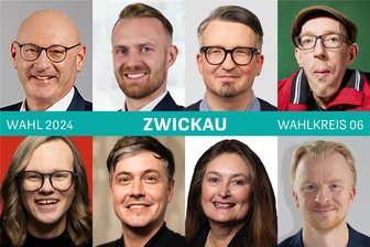 Berufe, Hobbys, Ziele: Das sind die Landtagswahl-Kandidaten für die Stadt Zwickau - Die Kandidatinnen und Kandidaten von links oben nach rechts unten: Gerald Otto (CDU), Jonas Dünzel (AfD), René Hahn (Linke), Manuel Schramm (Grüne), Kay Leonhardt (SPD), Stefan Voigt (FDP), Christiane Drechsel (Freie Wähler) und Sven Quilitzsch (BSW).