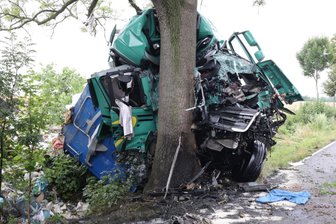 Betrunken gegen den Baum: Unfall mit Sattelzug auf der alten B 95 in Penig - Ein Lkw mit Sattelauflieger fuhr am Samstag auf der S57 in Penig gegen einen Baum.