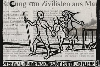 Biblische Themen mit aktuellem Bezug - "Josefs Traum - die Flucht nach Ägypten" wurde kombiniert mit einem aktuellen Zeitungsartikel (Linolschnitt /Digitaldruck).