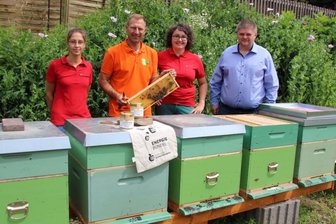 Bienenprojekt der Stadtwerke besticht durch Nachhaltigkeit - In Grün: Zehn Bienenbeuten stehen seit Mai 2020 an einem ehemaligen Betriebsgraben in Schwarzenberg-Sachsenfeld. Imker Kai Schulze (2. v. l.) erläutert Stadtwerke-Vertretern - von links Mitarbeiterin Sarah Lässig, Stabsleiterin Katrin Schneider und Geschäftsführer Sascha Wehrmann - Details.