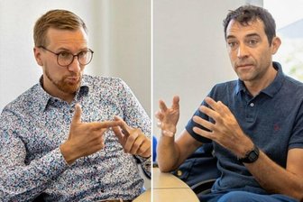 Bürgermeister Tobias Kämpf (links) und Sachsendruck-Geschäftsführer Ralf Fischer im Streitgespräch.