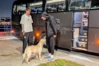 Bilder einer erfolglosen Dienstreise der Niners Chemnitz: Von durstigen Austrinkern und Straßenhunden im Mannschaftsbus - Trost vom Straßenhund: Nach dem Spiel der Niners Chemnitz in Podgorica bekamen die Profis Besuch am Bus. Julian Steinfeld (links) und Yordan Minchev konnten darüber lachen.
