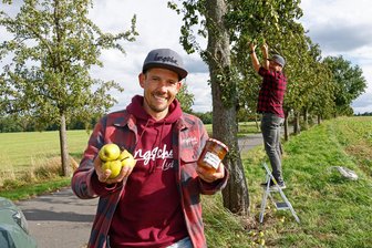 Birnenwettbewerbe, Strohballenrollen und Livemusik: Oberlungwitz peppt den Herbstmarkt auf - Ronald Haß (li.) und Thomas Hetzel waren diese Woche an der „Birnenallee“ im Einsatz.