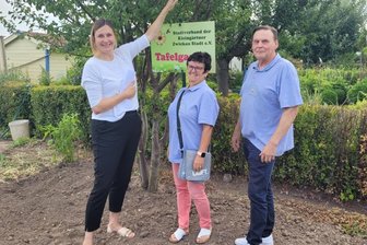 Bis zu einer Tonne Obst und Gemüse: Zwickauer Gärten bauen für die Tafel an - Oberbürgermeisterin Constance Arndt, die Schatzmeisterin des Stadtverbandes der Kleingärtner, Roswitha Kuhlert, und dessen Vorsitzender Christoph Heuer (v. l.) besichtigen Zwickauer Tafelgärten.