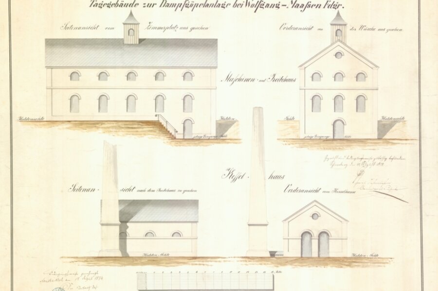 Bleibende Zeugnisse des steten Wandels - Der Riss aus dem Jahr 1874 zeigt das Maschinen- und Treibehaus sowie das Kesselhaus von Wolfgangmaßen.