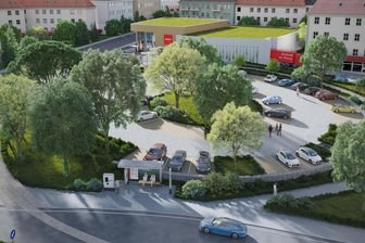 Bleibt man künftig mit dem Einkaufswagen in den Gleisen der Straßenbahn hängen? Antworten auf die wichtigsten Fragen zum neuen Penny-Markt in Plauen - So soll der Neubau des Penny-Marktes in der Südvorstadt aussehen - im Vordergrund die Wendeschleife der Straßenbahn, in deren Mitte der geplante Parkplatz.