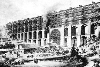 Brückenbau treibt Kosten in die Höhe - Dieser Kupferstich aus dem Jahr 1850 zeigt der Bau der Gölzschtalbrücke.