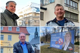 Bürgermeister im AfD-Land Erzgebirge: „Ich finde falsch, dass die Leute ausgegrenzt werden“ - Drei Bürgermeister und die AfD: Stefan Wanke (Sayda, o. l.), Thomas Schurig (Dorfchemnitz, o. r.) und Udo Eckert (Weißenborn).