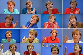 Bundeskanzlerin Angela Merkel zieht Bilanz: Wir sind ein starkes Land - Die Bildkombo zeigt Bundeskanzlerin Angela Merkel (CDU) während ihrer traditionellen Bundespressekonferenz im Sommer in Berlin von 2021 bis 2006 (oben links bis unten rechts). 