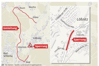 Bundesstraße 169 im Erzgebirge bleibt länger gesperrt - Die offizielle Umleitung führt weiträumig um Lößnitz herum.