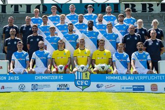 CFC vor x-tem Neustart: mit leiser Euphorie in eine Saison voller Fragezeichen - Der Chemnitzer FC 2024/25: hintere Reihe von links: Jannick Wolter, Luis Fischer, Robert Zickert, Niclas Walther, Jan Koch, Luca Löwelt; 3. Reihe von links: Teammanager Torsten Bittermann, Torwarttrainer Patrik Brencic, Roman Eppendorfer, Max Roscher, Niclas Erlbeck, Tobias Müller, Tom Baumgart, Physiotherapeutin Lina Lindner, Ergotherapeutin Tanja Auerbach; 2. Reihe von links: Cheftrainer Christian Tiffert, Co-Trainer Niklas Hoheneder, Ole Schiebold, Dejan Bozic, Ephraim Eshele, Felix Müller, Mannschaftsarzt Kristian Schaper, Zeugwart Henry Büttner; vordere Reihe von links: Leon Damer, Artur Mergel, Clemens Boldt, Daniel Adamczyk, David Wunsch, Manuel Reutter, Nils Lishek.