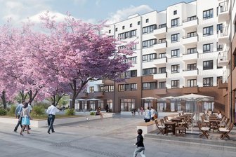 Chemnitz: Bau-Start für neues Quartier am Tietz im Frühjahr - Die Grafik zeigt das Gebäude mit sechs Stockwerken und 143 Mietwohnungen, wie es an der Wiesenstraße vis-a-vis zum Tietz entstehen soll. Im Erdgeschoss ist Platz für sieben Gewerbeeinheiten wie etwa Cafés. Davor sollen Grün- und Freiflächen zum Bummeln und Verweilen einladen.
