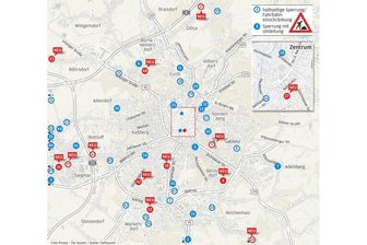 Chemnitz: Frühling kommt mit über zehn neuen Baustellen daher - Viele rote Punkte markieren viele Baustellen, die es aktuell in Chemnitz gibt.