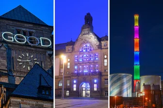 Chemnitz leuchtet nicht nur bei „Light our Vision“: Wo es das ganze Jahr über Lichtkunst in der Stadt gibt - Lichtkunst an der Schloßkirche, dem Museum und dem Schornstein.
