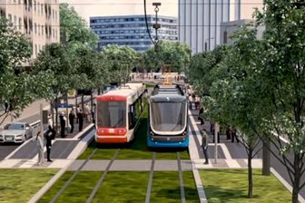 Chemnitzer Modell: Erste Pläne für neue Straßenbahn nach Limbach-Oberfrohna öffentlich - Die Chemnitzer Theaterstraße könnte in einigen Jahren so oder ähnlich aussehen. Der Neubauabschnitt ist der erste der künftigen Straßenbahnlinie nach Limbach-Oberfrohna, der in Angriff genommen werden soll.