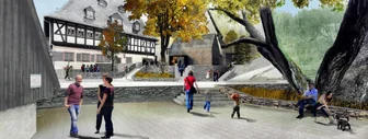 Chemnitzer peppt Frohnauer Hammer auf - Das 1908 eröffnete Museum Frohnauer Hammer in Annaberg-Buchholz soll nach fast 100Jahren Dauerbetrieb in Teilen neu gestaltet und um ein Besucherzentrum erweitert werden. An einem entsprechenden Architektenwettbewerb beteiligten sich 81 Büros aus ganz Europa und den USA. Eine 13-köpfige Jury bestimmte das Chemnitzer Architekturbüros Keller zum Sieger, das seinen Entwurf gemeinsam mit dem Landschaftsarchitekten Stefan Liste einreichte. Der Entwurf überzeugte die Jury durch seine Geschlossenheit und den behutsamen Umgang mit vorhandener Bausubstanz. In der Bildmitte des Entwurfs ist das geplante Besucherzentrum zu sehen.