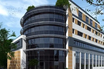 Chemnitzer Poliklinik baut in Plauen Strahlentherapiezentrum - Futuristisch mutet die Glasfassade mit Holztragkonstruktion des von der Chemnitzer Poliklinik an der Neundorfer Straße geplanten neuen Gesundheitszentrums an.