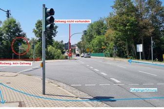 Chemnitztalradweg-Kreuzung: Fußgänger in der Zwickmühle - Das Landesamt für Straßenbau und Verkehr hat auf dem Foto Rad- und Gehweg eingezeichnet.