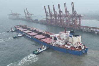 Chinas Wirtschaft verliert an Schwung - Ein Schiff mit brasilianischem Eisenerz legt im Hafen von Tangsahn an. Chinas Konkuntur hat im April Schwung verloren.