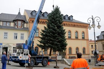 Colorado-Tanne hängt am Haken - Mitarbeiter der RAD und der Firma Kran-Held stellten diese schmucke Colorado-Tanne vorm Rathaus auf. In den nächsten Tagen wird sie noch geschmückt. Dann kann die Adventszeit kommen.