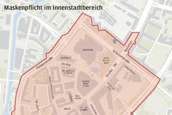 Corona-Lage in Chemnitz: Mehr Tote, neue Verhaltens-Regeln und geschlossene Schulen - In dem markierten Bereich gilt ab sofort eine Maskenpflicht von Montag bis Samstag zwischen 6 und 22 Uhr.