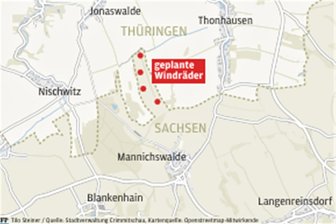 Crimmitschau: Bauherr kann Windradprojekt in Mannichswalde fortführen - In der Nähe des Crimmitschauer Ortsteils Mannichswalde sollen weitere Windräder gebaut werden. Der Bauherr kann sein Genehmigungsverfahren weiter voranbringen.