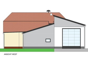 Crimmitschau: Retter in Frankenhausen bekommen Anbau - Blick auf den Anbau an das bestehende Feuerwehrgerätehaus in Frankenhausen. Die Westansicht zeigt eine der beiden Einfahrten der neuen Fahrzeughalle (rechts) und den neuen Sanitärtrakt.