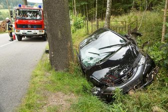 Crottendorf: Schwerer Verkehrsunfall auf der Neudorfer Straße - Erst im Straßengraben kam der Honda zum Stehen.