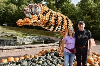 „Das habe ich vorher noch nirgendwo gesehen“ Begeisterte Besucher beim Kürbisfestival in Lichtenwalde - Dagmar Vogler und Helmar Köhler vor der Tiger-Skulptur am Teich.