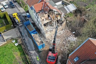 Das Haus der toten Fische in Zwickau verschwindet - Die Tiere sind schon weg - Am Mittwoch hat der Abriss an der Olzmannstraße begonnen. Die grüne Haushälfte soll dabei erhalten bleiben.