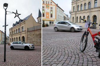 „Das ist purer Aktionismus“: Reaktionen auf am Fahrrad befestigtes „Knöllchen“ in Meerane fallen heftig aus - Blick zum Teichplatz in Meerane: Am Samstagmittag (links) war das rote Mountainbike von der Straßenlaterne verschwunden. Dort stand es zuvor mindestens seit dem 5. Dezember.