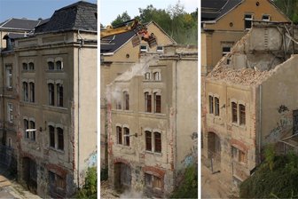 „Das kann nicht so bleiben“: Neue Kritik in Aue an halb abgerissenem Haus neben Bahnhofsbrücke - Vorher-Nachher-Vergleich: Das Gebäude neben der Bahnhofsbrücke in Aue ist nur zur Hälfte abgerissen worden. Das sorgt in der Stadt für Kritik.