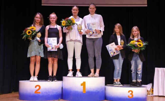 Das sind die Sportler des Jahres 2020 in Zwickau - Lena Hausherr (3. von links) und Alisa Pester (3. von rechts) nahmen die Auszeichnung als "Mannschaft des Jahres 2020" für die Handballerinnen des BSV Sachsen Zwickau entgegen. Pro Team waren zwei Vertreter eingeladen. 