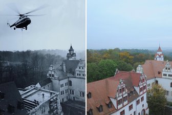Das war so nicht gewollt: Was Wolf Biermann mit dieser Glauchauer Aktion zu tun hat - Blick auf das Dach im Südflügel des Schlosses Forderglauchau Ende der 1970er-Jahre (links) und heute (rechts).