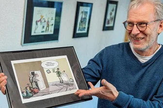 Demenz und Humor: Warum gemeinsames Lachen wichtig ist - Jörg Halsema aus Mylau hat unter anderem die preisgekrönte Karikatur "Rollstuhlrennen" für die Ausstellung in der Begegnungsstätte am Nordhorner Platz beigesteuert.