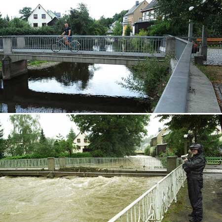 Der 12. August vor sechs Jahren und heute - Die Zwönitz in Höhe der Brücke zum Burkhardtsdorfer Kino "Scala" heute (oben) und vor sechs Jahren (unten).
