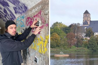 Der Chemnitzer Schloßteich hat jetzt eine neue Insel und die Bazillenröhre 100 Stimmen - Eginhartz Kanter mit seinen Lautsprechern in der Bazillenröhre (links). Die Insel von Danilo Milovanovic im Schloßteich (rechts).