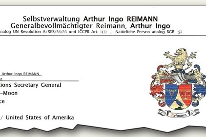 Das offizielle Wappensiegel von Arthur Ingo Reimann auf einem Anschreiben an die Vereinten Nationen. Reimann verdient seit Mitte der 1990er-Jahre als freier Handelsvertreter sein Geld. 