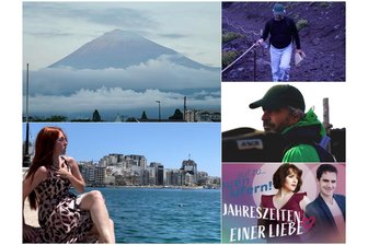 Der strapaziöse Aufstieg zum Fuji: Wie Tenor Marcus Sandmann auf den höchsten Berg Japans kletterte - Marcus Sandmann auf dem Weg zum Fuji (rechts oben und Mitte), Malgorzata Pawłowska am Meer in Malta (links unten), das Ehepaar Christina Maria und André Gass bei den Eutiner Festspielen (rechts unten).