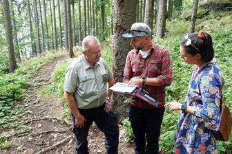 Der Traum von legalen Mountainbike-Trails im mittleren Erzgebirge lebt - Mitten im Wald tauschen sich Forstbezirksleiter Ingo Reinhold (l.), der ShredErz-Vorsitzende Carsten Brödner und die stellvertretende Vereinsvorsitzende Janine Fabian über Möglichkeiten für die Zukunft aus. Weitere Gespräche sollen folgen.
