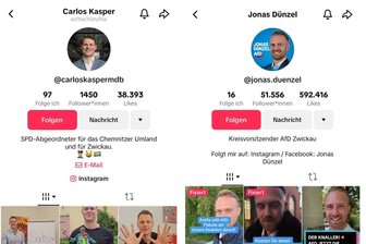 Die AfD als Platzhirsch: Wie Politiker im Landkreis Zwickau die sozialen Medien nutzen - Riesige Differenz: Jonas Dünzel hat bei Tiktok mehr als 50.000 Follower, Carlos Kasper (SPD) nur einen Bruchteil davon. Nicht wenige Politiker aus dem Landkreis sind auf der Plattform gar nicht vertreten.