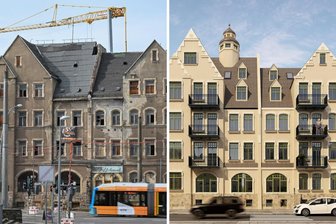 Die Bagger waren schon bestellt: Aus Chemnitzer Abriss-Kandidaten werden schmucke Wohnhäuser - Die beiden Häuser an der Annaberger Straße 110 werden saniert. Um ein Haar wäre mindestens eines davon abgerissen worden.