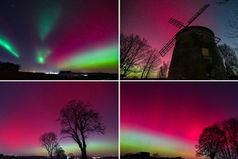 Die besten Fotos von den Polarlichtern im Landkreis Zwickau: „Bei dem Ausblick braucht man kein TV-Gerät“ - Aufnahmen im Landkreis Zwickau (von oben links im Uhrzeigersinn): Lutherhöhe in Hohenstein-Ernstthal (Blick Richtung Westen), Mühle Tettau, in Callenberg und erneut Lutherhöhe (Blick Richtung Nordosten).