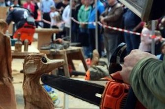 Die fabelhafte Welt der Gelenauer Tierwesen und Siedler aus Holz - Beim Speedcarving-Wettbewerb hatten die Künstler 45 Minuten Zeit, aus einem Holzblock eine Skulptur zu kreieren. Steffen Rupf (vorn) aus Adorf erweckte dabei ein kleines Erdmännchen zum Leben. 