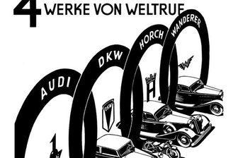 Die Geburt der Auto Union - Die Geburtsstunde der berühmten vier Ringe, dem heutigen Audi-Logo, war die Gründung der Auto Union Chemnitz im Jahr 1932 - eine aus der Not der Wirtschaftskrise heraus geborene Fusion, die Geschichte schrieb. Hier auf einem Werbeplakat von 1933.