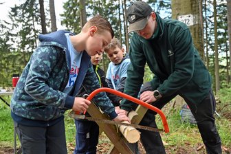 „Die Kinder sollen den Wald verstehen lernen “: Sachsenforst eröffnet Waldjugendspiele in Augustusburg - Emiel aus Kleinolbersdorf sollte eine 200 Gramm schwere Scheibe von einem Birkenstamm absägen.