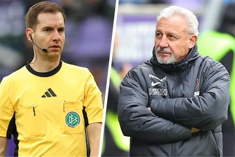 Die Stimmen nach dem Remis des FC Erzgebirge Aue: „Wir sind nicht im Theater“ - Schiedsrichter Martin Speckner (links) im Kopfballduell und Trainer Pavel Dotchev beim Spiel FC Erzgebirge Aue gegen den 1. FC Saarbrücken.